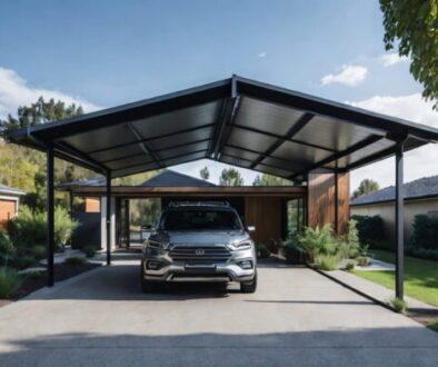 Modern steel carport attached to a family home, with a driveway beneath and trees and a lush garden in the background.